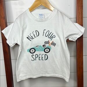 Need Four Speed- White Short Sleeve Tee with Racing Car Design